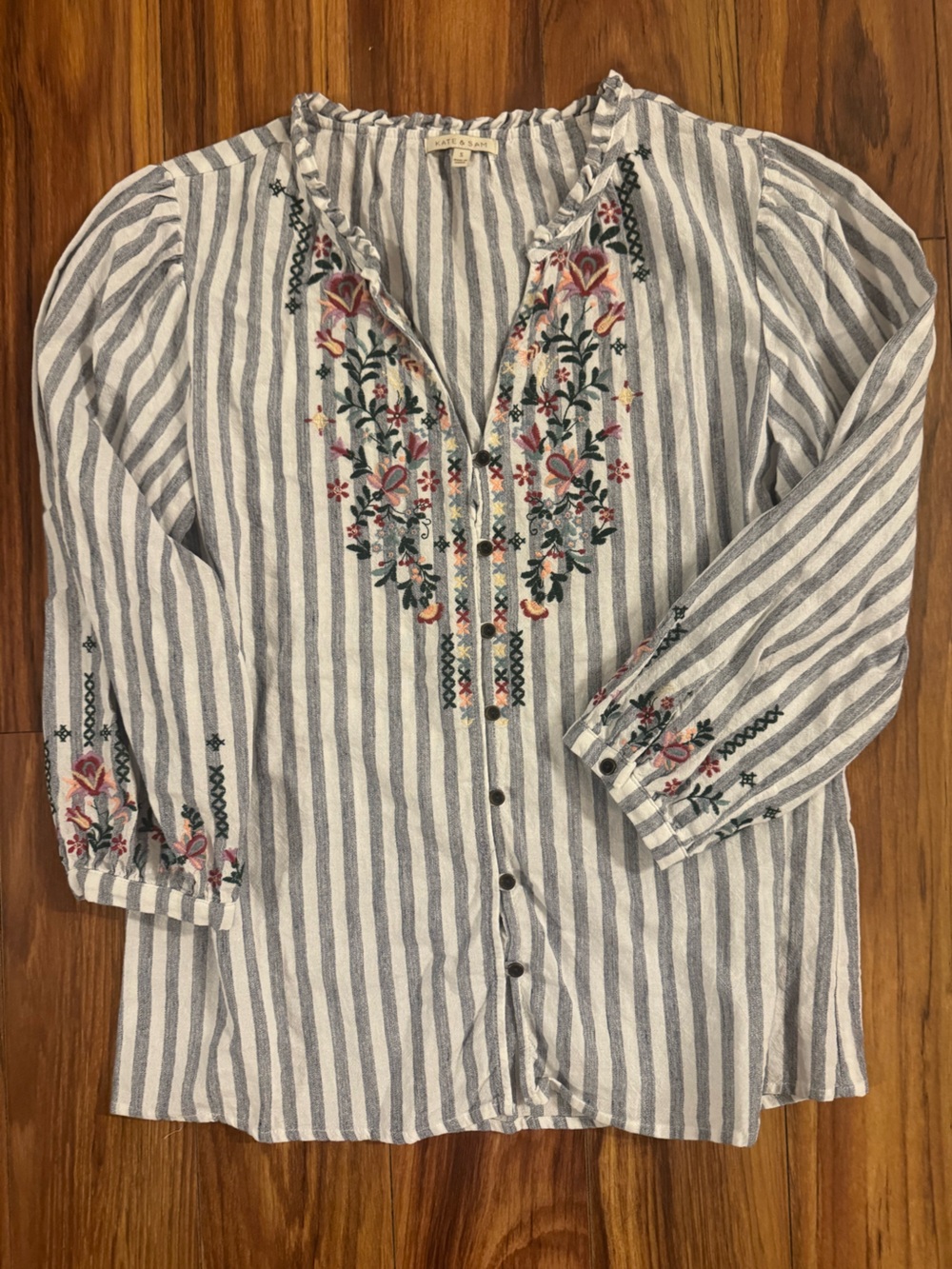 Striped Embroidered Button-Front Blouse in Blue and White